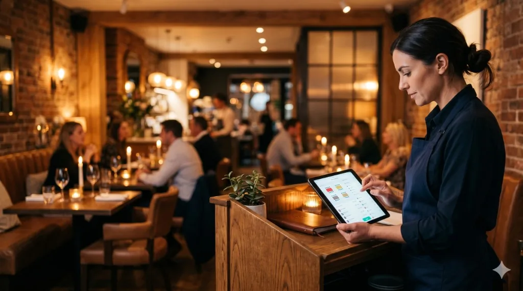 Restaurant host using TableMap's commission-free booking system to manage reservations and tables